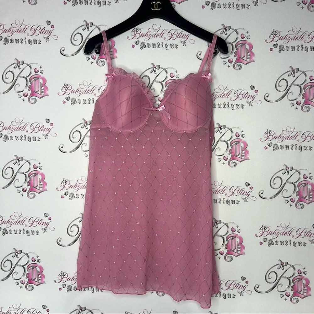Babydoll sparkly dress pink silver polkadot ribbon bow tie stretchy mesh y2k